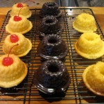 mini bundt cakes with vanilla glaze, chocolate glaze and lemon glaze