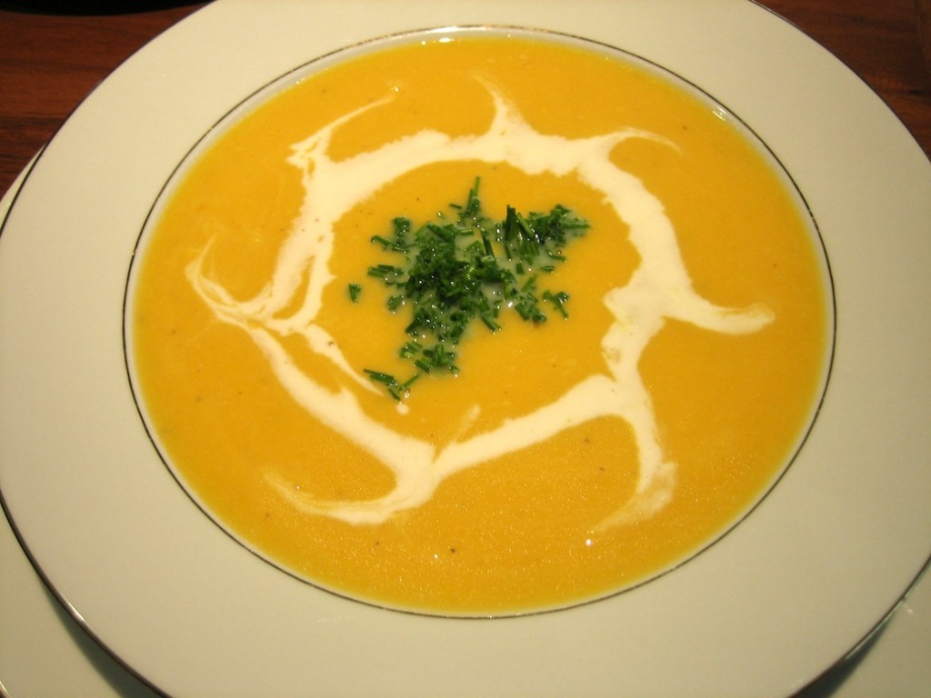 Butternut Squash Soup with Cream Swirl and Fresh Chives